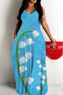 Sky Blue Sexy Cartoon Print Pocket Contrast O Neck Printed Dresses