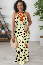 Beige Casual Polka Dot Print Contrast O Neck Printed Dresses