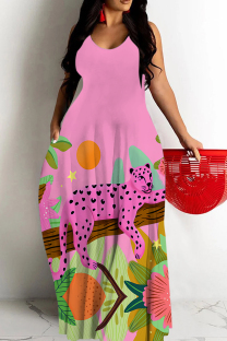 Pink Sexy Cartoon Print Pocket Contrast O Neck Printed Dresses
