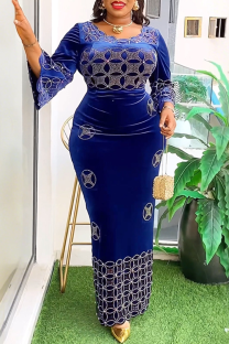 Colorful Blue Elegant Strap Design Hot Drill O Neck Long Plus Size Dresses