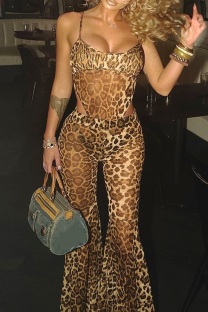 Leopard Print Sexy Leopard Print Patchwork Spaghetti Strap Sleeveless Two Pieces
