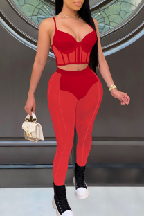 Red Sexy Solid Color Patchwork Spaghetti Strap Sleeveless Two Pieces