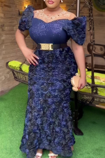 Navy Blue Elegant Solid Color Hot Drill Embroidery Flower Shape Off Shoulder Long Plus Size Dresses