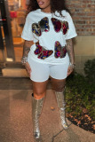 White Casual Daily Butterfly Sequins Patchwork O Neck Short Sleeve Two Pieces