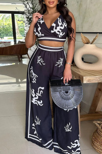 Black Sexy Casual Print Backless Belted Halter Sleeveless Two Pieces