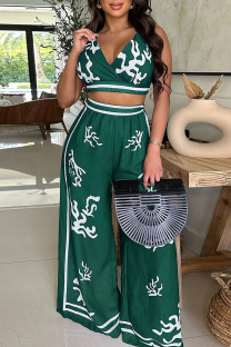 Green Sexy Casual Print Backless Belted Halter Sleeveless Two Pieces