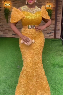 Yellow Elegant Solid Color Hot Drill Embroidery Flower Shape Off Shoulder Long Plus Size Dresses