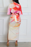 Turquoise Sexy Casual Elegant Print Slit Ruched Deep V Neck Half Sleeve Two Pieces