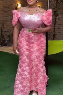 Pink Elegant Solid Color Hot Drill Embroidery Flower Shape Off Shoulder Long Plus Size Dresses