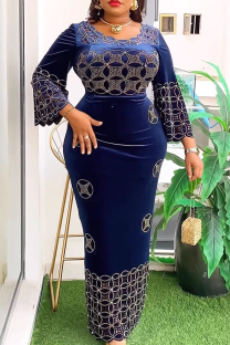Deep Blue Elegant Strap Design Hot Drill O Neck Long Plus Size Dresses