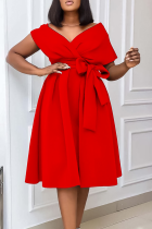 Red Elegant Solid Color Strap Design V Neck Long Dresses