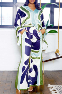 Green Casual Print Pocket V Neck Long Sleeve Two Pieces