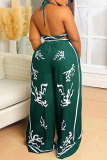 Black Sexy Casual Print Backless Belted Halter Sleeveless Two Pieces