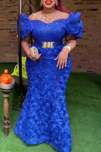 Blue Elegant Solid Color Hot Drill Embroidery Flower Shape Off Shoulder Long Plus Size Dresses