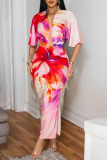 Turquoise Sexy Casual Elegant Print Slit Ruched Deep V Neck Half Sleeve Two Pieces