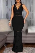 Black Sexy Solid Color Hollow Out Backless V Neck Long Dresses
