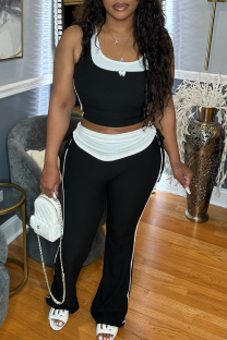 Black Casual Draw String U Neck Sleeveless Two Pieces