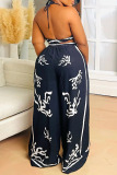 Black Sexy Casual Print Backless Belted Halter Sleeveless Two Pieces