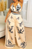 Black Sexy Casual Print Backless Belted Halter Sleeveless Two Pieces