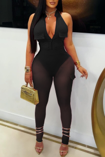 Black Sexy Solid Color Pocket Zipper Zipper Collar Sleeveless Two Pieces