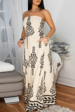 Apricot Sexy Casual Print Backless Belted Strapless Regular Jumpsuits