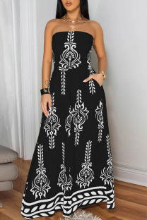 Black Sexy Casual Print Backless Belted Strapless Regular Jumpsuits