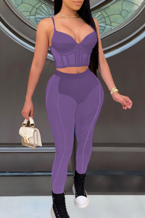 Purple Sexy Solid Color Patchwork Spaghetti Strap Sleeveless Two Pieces