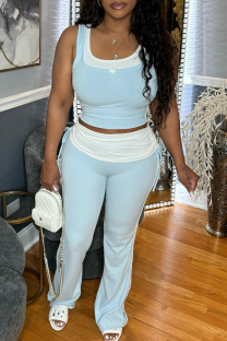 Light Blue Casual Draw String U Neck Sleeveless Two Pieces