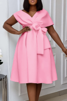 Pink Elegant Solid Color Strap Design V Neck Long Dresses