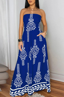 Blue Sexy Casual Print Backless Belted Strapless Regular Jumpsuits