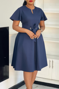 Deep Blue Elegant Solid Color Strap Design V Neck Long Dresses