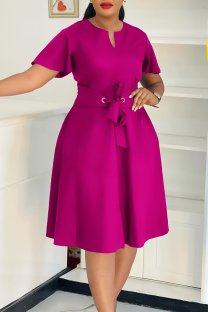 Rose Red Elegant Solid Color Strap Design V Neck Long Dresses