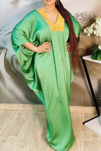 Grass Green Casual Hot Drill V Neck Long Dresses