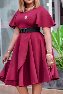Burgundy Elegant Solid Color With Belt Ruffled Trim V Neck Long Dresses