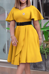 Yellow Elegant Solid Color With Belt Ruffled Trim V Neck Long Dresses