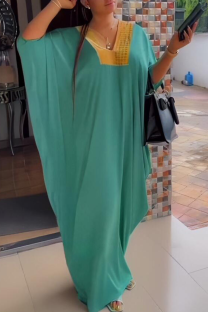 Peacock Blue Casual Hot Drill V Neck Long Dresses