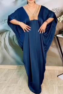 Navy Blue Casual Hot Drill V Neck Long Dresses