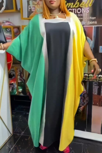 Green Black Casual Contrast Square Neck Long Dresses