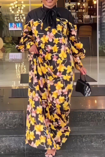 Yellow Casual Print Strap Design O Neck Long Dresses