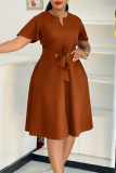Brown Elegant Solid Color Strap Design V Neck Long Dresses