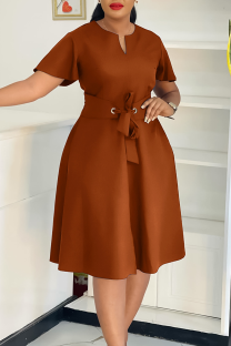 Brown Elegant Solid Color Strap Design V Neck Long Dresses