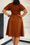 Brown Elegant Solid Color Strap Design V Neck Long Dresses