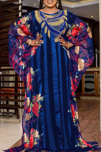 Royal Blue Elegant Print Hot Drill O Neck Long Dresses