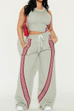 Grey Casual Sportswear Daily Stripe Patchwork O Neck Sleeveless Two Pieces