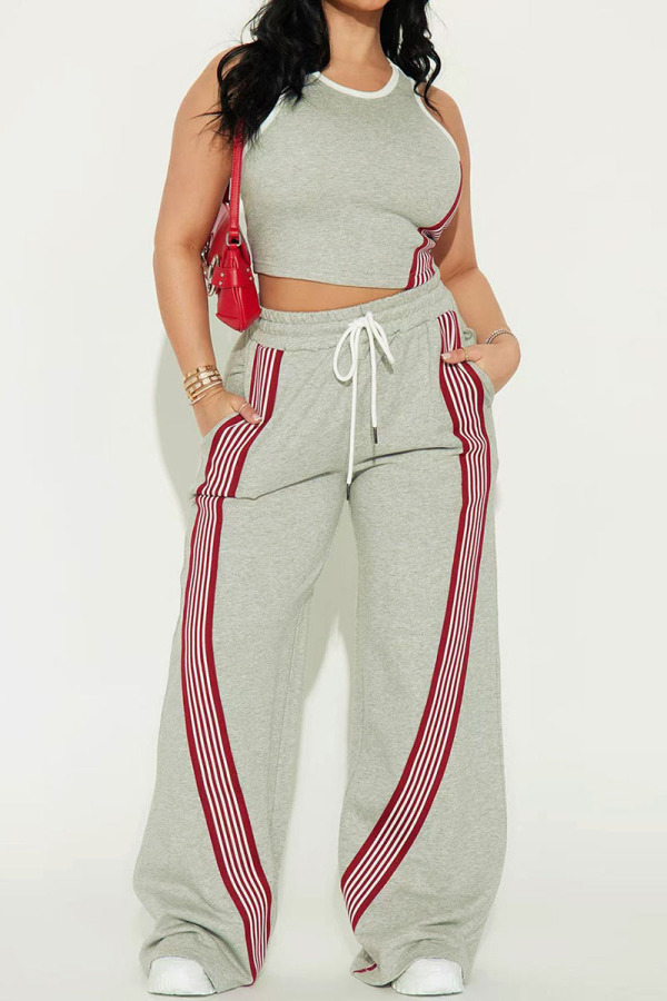 Grey Casual Sportswear Daily Stripe Patchwork O Neck Sleeveless Two Pieces