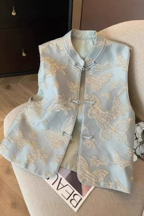 Blue Daily Jacquard Buckle O Neck Tops