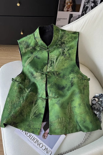 Green Daily Jacquard Buckle O Neck Tops