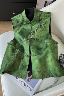 Green Daily Jacquard Buckle O Neck Tops