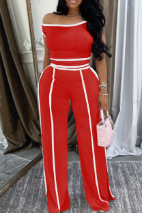 Red Casual Patchwork Contrast Oblique Collar Short Sleeve Two Pieces
