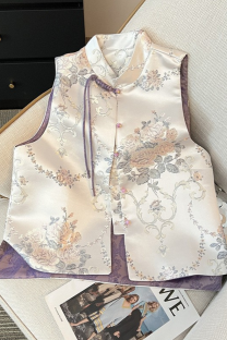Purple Daily Jacquard Buckle Mandarin Collar Tops
